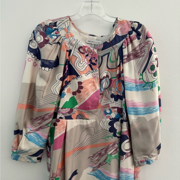 SEE BY CHLOE Dress Colorful Floral Pattern Puff Sleeve Party NWOT Size 2 EU 38 - Picture 9 of 11